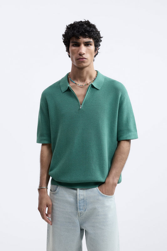 Knit Polo Shirt with Zip