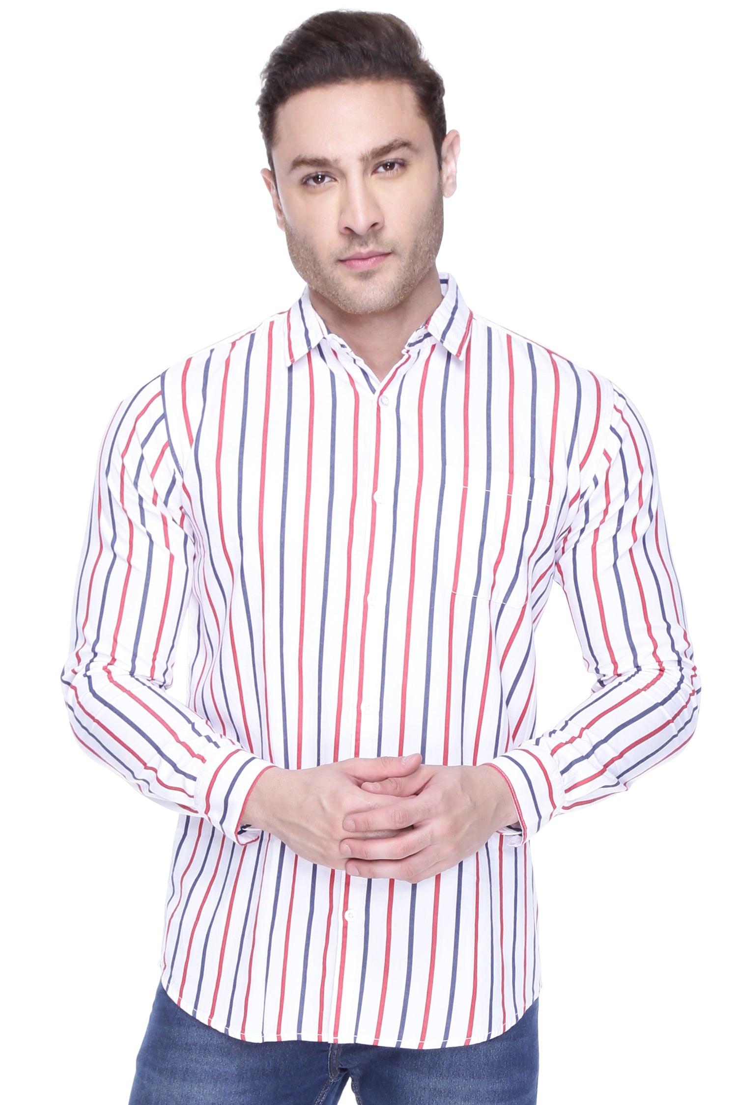 Male model with Stripped Red Casual cotton shirt for men
